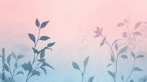 A serene and ethereal scene, dominated by a gradient of soft pink and blue hues. Silhouetted against this backdrop are delicate plant stems with leaves, which appear to be swaying gently