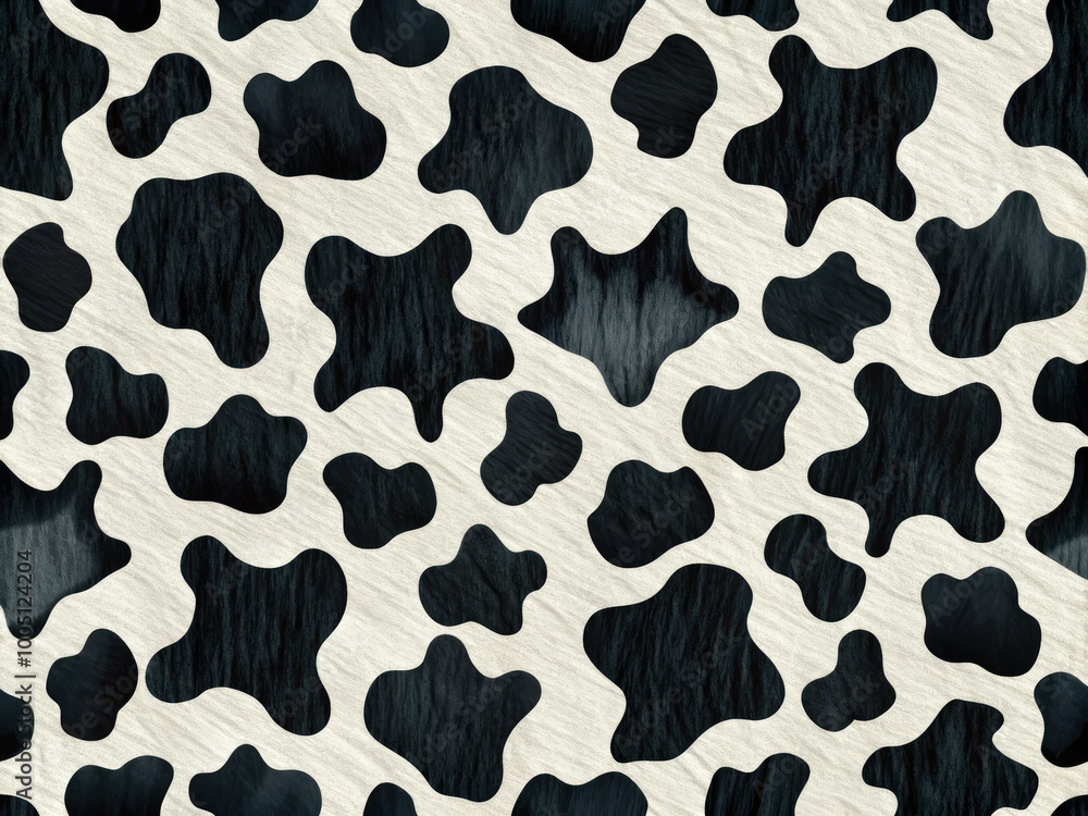 Fototapeta premium Vibrant black and white cowprint pattern on a textured background, featuring bold, irregular shapes and abstract forms, evoking a playful and rustic country feel.