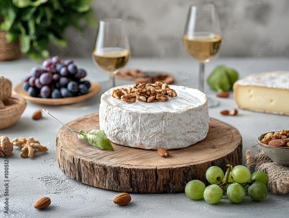 Cheese platter with nuts, grapes, and wine on a rustic wooden table. Cheese platter with nuts, grapes, and wine on a rustic wooden table.