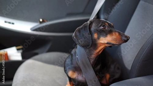 Curious fidget dog sits in front seat , fastened with seat belt, turns head back, crawls, looks carefully Cleaning rinterior from pet hair Road trip with dog, dachshund is tired spinning from boredom