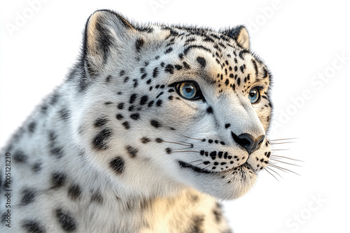 Cute Snow Leopard: A snow leopard with its thick fur and intense gaze against a white background