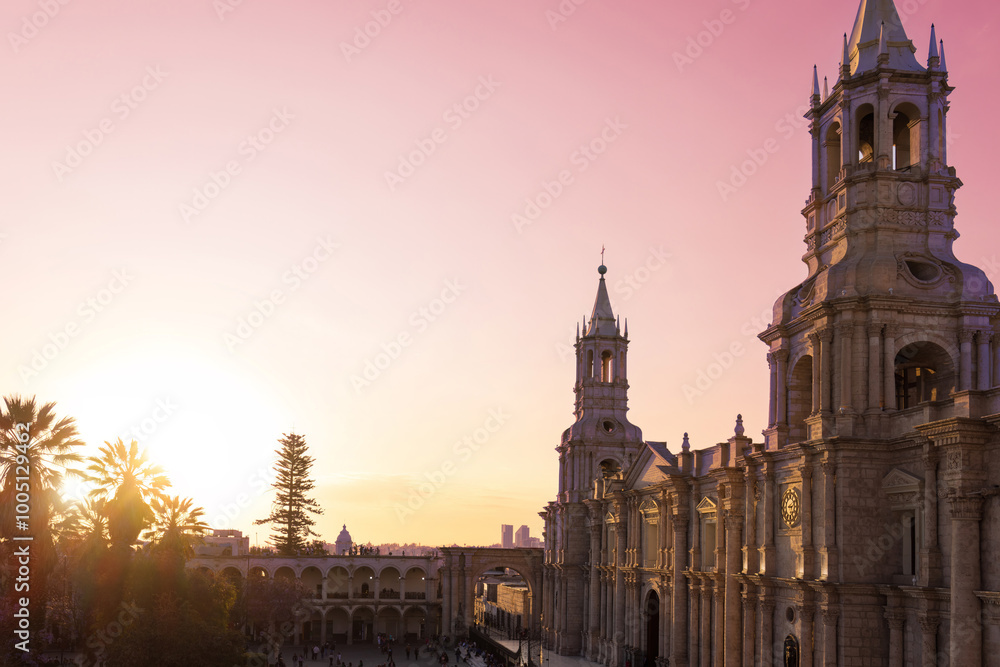 Fototapeta premium Peru, Arequipa. Basilica Cathedral on central Plaza De Armas in historic center at sunset.