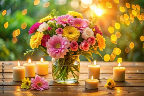 Vibrant bouquet of pink and yellow flowers arranged in a vase on a wooden table, surrounded by candles and a warm, sunny background.