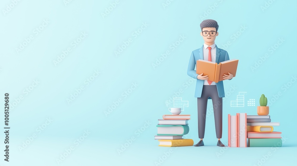 A man reads a book while surrounded by colorful stacks of books, symbolizing knowledge and innovation in a bright space. A man reads a book while surrounded by colorful stacks of books, symbolizing knowledge and innovation in a bright space.