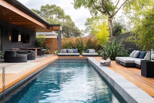 Wallpaper Mural Stylish outdoor pool area featuring japandi landscaping, wooden decking, and minimalist seating Torontodigital.ca