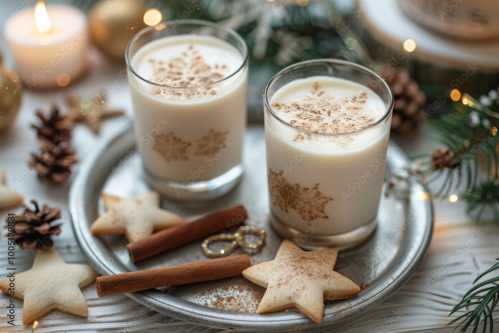 Eggnog Christmas milk cocktail with cinnamon, served in two glasses on vintage tray with shortbread star shape sugar cookies, decor toys, fir branch over white wooden plank table. Close up Eggnog Christmas milk cocktail with cinnamon, served in two glasses on vintage tray with shortbread star shape sugar cookies, decor toys, fir branch over white wooden plank table. Close up