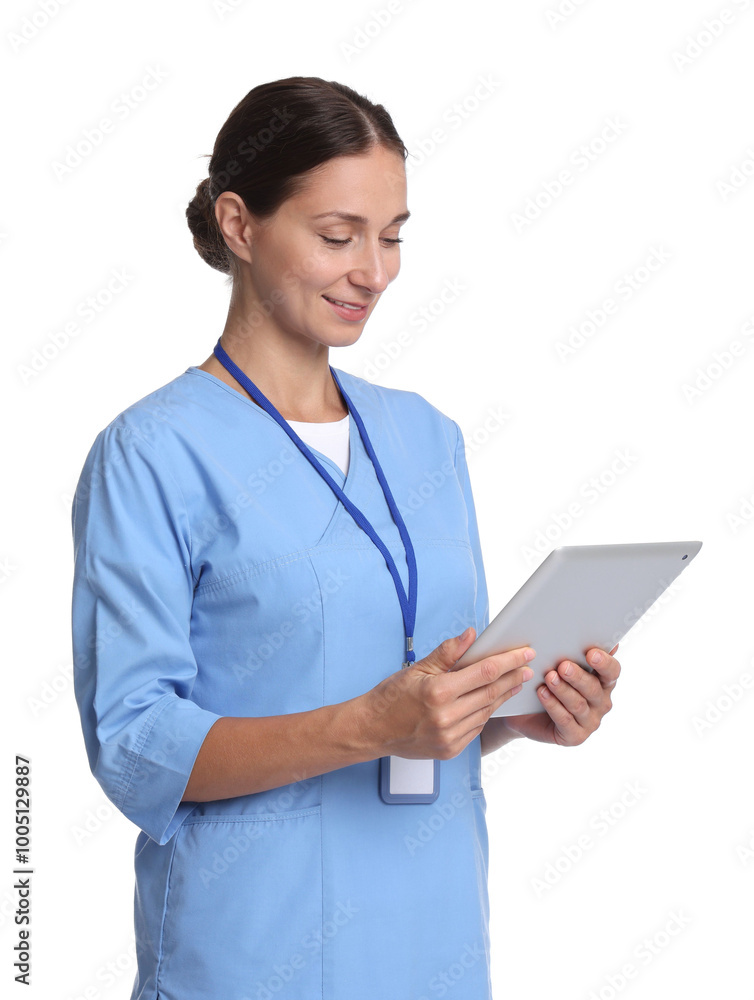 Nurse in medical uniform with tablet on white background Nurse in medical uniform with tablet on white background