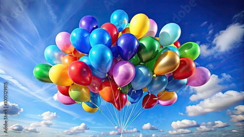 Vibrant bunch of colorful balloons in various shapes and sizes floating gently upwards, tied together with a delicate silk ribbon against a soft blue sky. photo