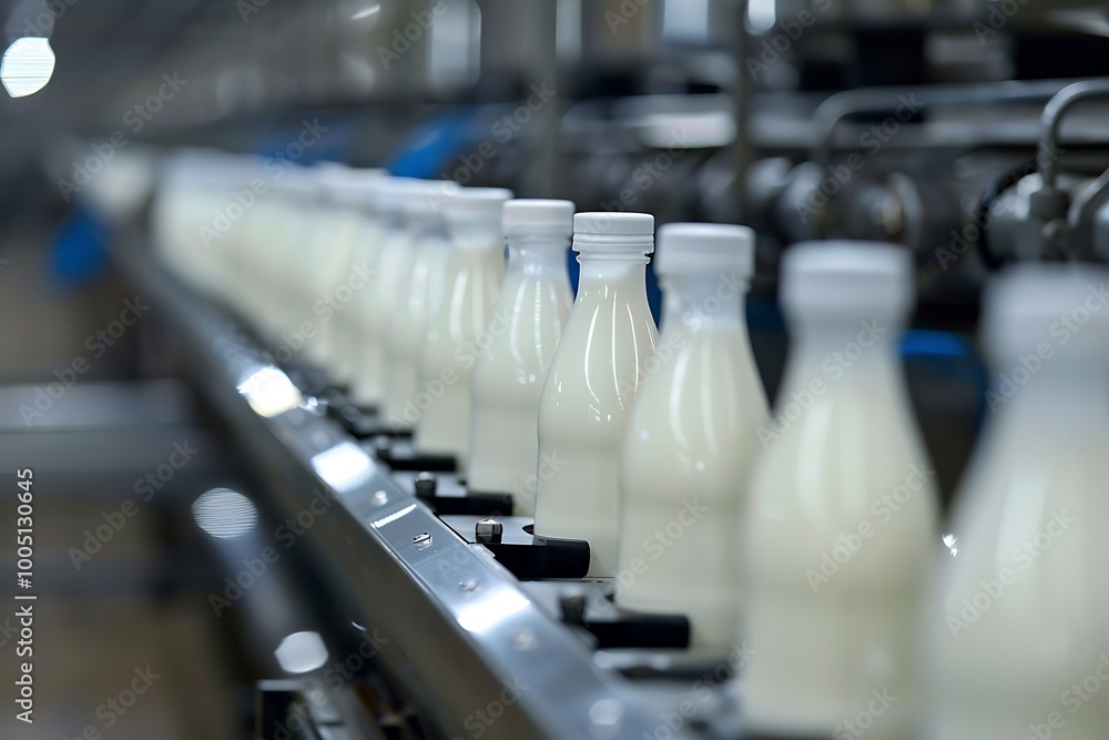 Fototapeta premium Milk bottles on a conveyor belt in a dairy factory.