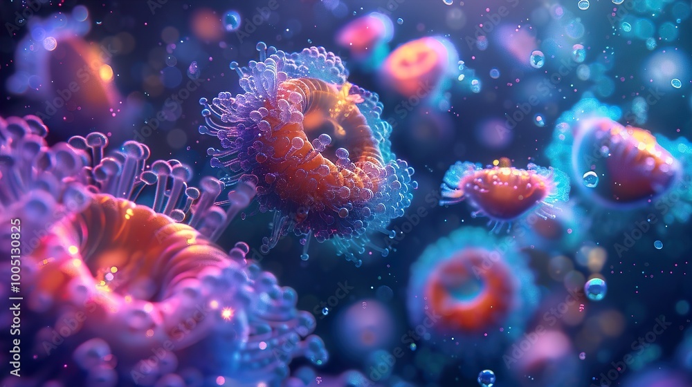 Fototapeta premium Abstract Cellular Structures: A Glowing Microscopic World