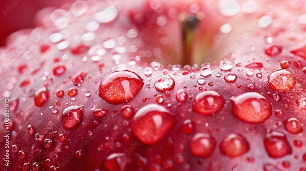 Closeup macro view of fresh red apple with water drops Closeup macro view of fresh red apple with water drops