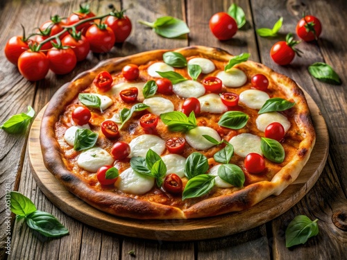 Vibrant, close-up image of a freshly baked, golden-brown pizza crust topped with melted mozzarella cheese, juicy tomatoes, and fresh basil leaves on a rustic wooden table.