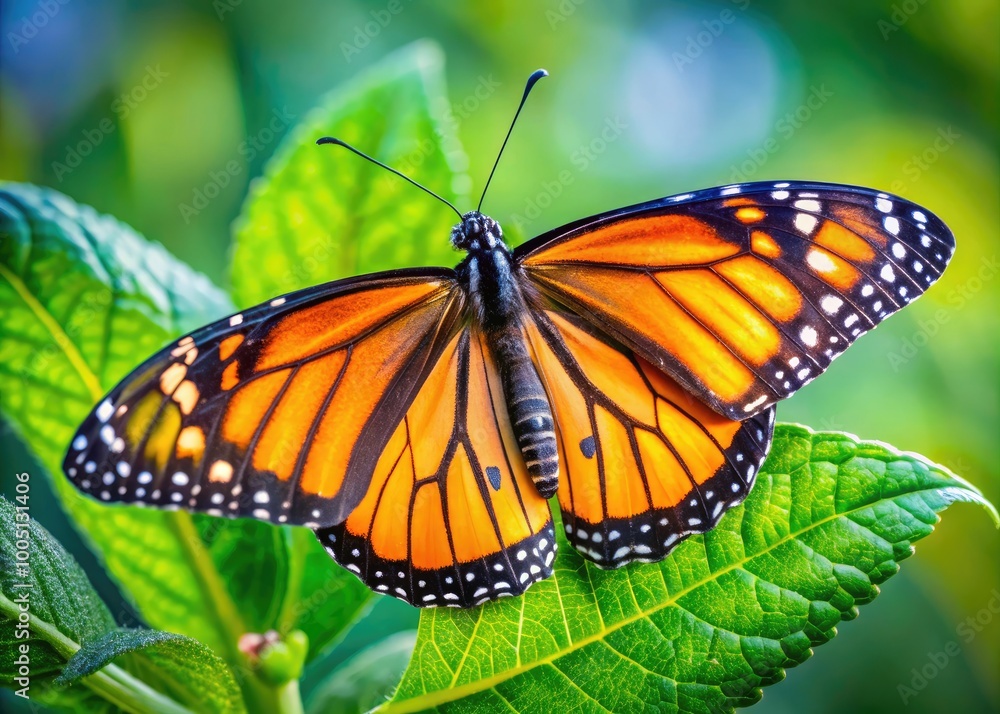 Fototapeta premium Vibrant close-up of a delicate monarch butterfly perched on a soft green leaf, its intricate wings and body showcasing nature's exquisite beauty and detail.