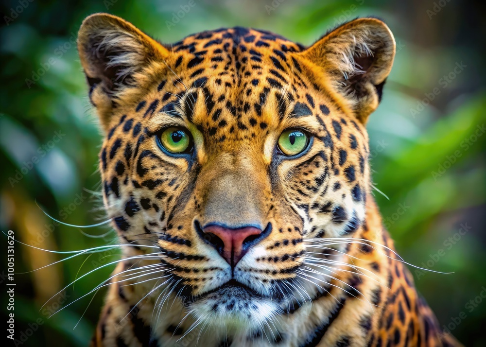 Fototapeta premium Vibrant close-up of a leopard's face, showcasing its distinctive golden fur with dark spots, whiskers, and piercing green eyes against a blurred natural background.