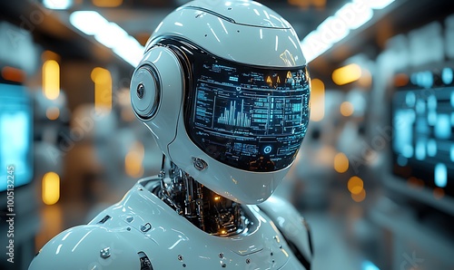 A futuristic robot with a digital display on its helmet in a technological environment.