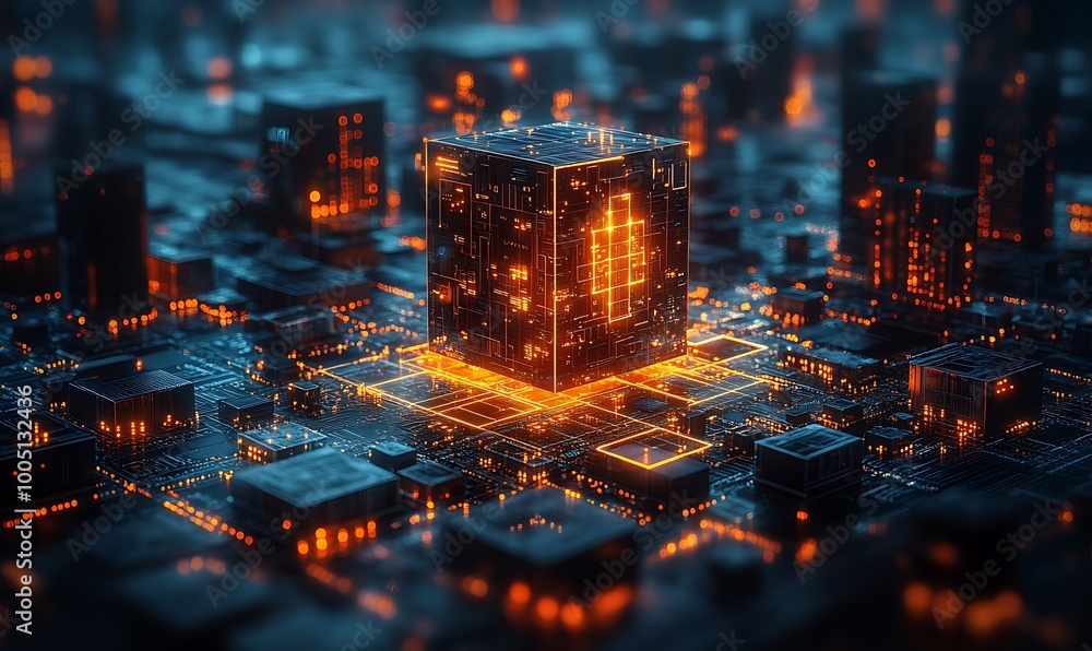 A glowing cube sits on a circuit board, representing the power of technology. A glowing cube sits on a circuit board, representing the power of technology.