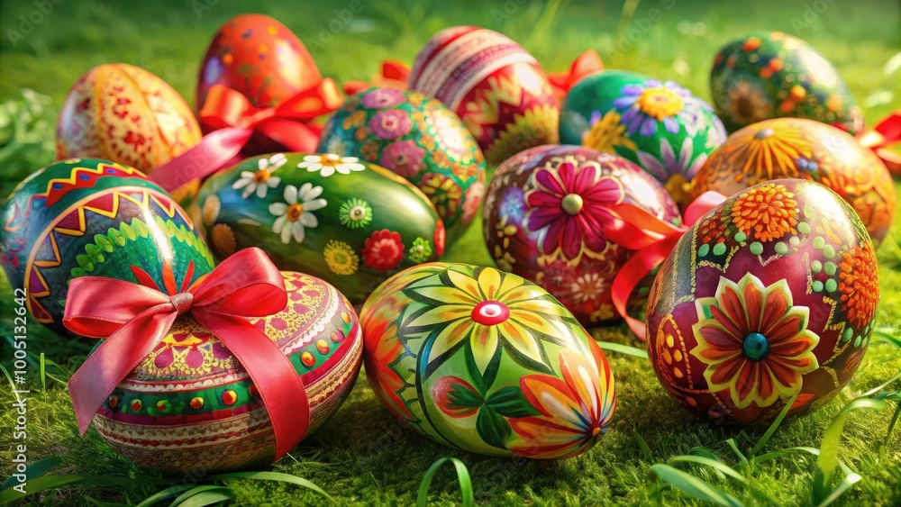 Fototapeta premium Vibrant colored Easter eggs with intricate designs and textures, decorated with flowers, ribbons, and bows, arranged on a soft green grassy background with subtle shadows.
