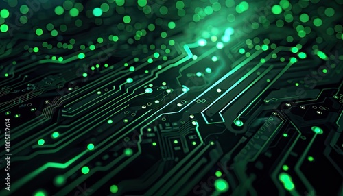 Green circuit board, Electronics, Detailed, Glowing, Technology. photo