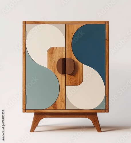 Wooden cabinet, Abstract design, Art piece, Blue and brown, Contemporary. photo