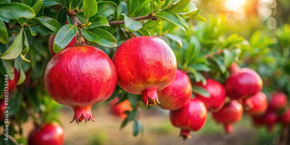 Close up of ripe pomegranates on tree branch in orchard , harvest, fresh, fruit, healthy, agriculture, farm, close-up, organic, vibrant Close up of ripe pomegranates on tree branch in orchard , harvest, fresh, fruit, healthy, agriculture, farm, close-up, organic, vibrant