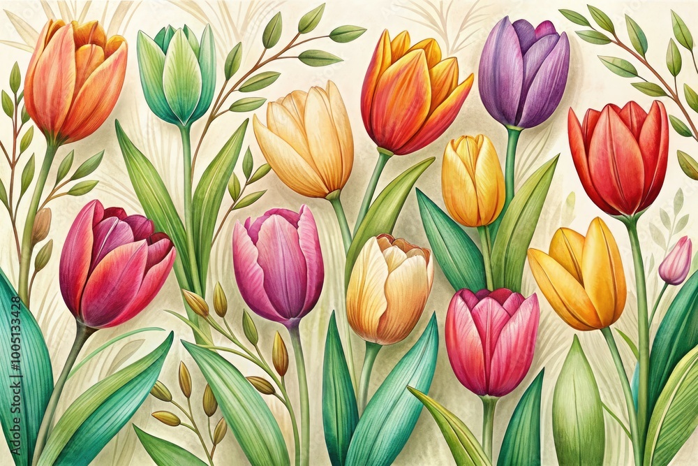 Vibrant colored tulips blooming in a whimsical, hand-drawn illustration, surrounded by delicate leaves and stems, set against a soft, creamy white background. Vibrant colored tulips blooming in a whimsical, hand-drawn illustration, surrounded by delicate leaves and stems, set against a soft, creamy white background.