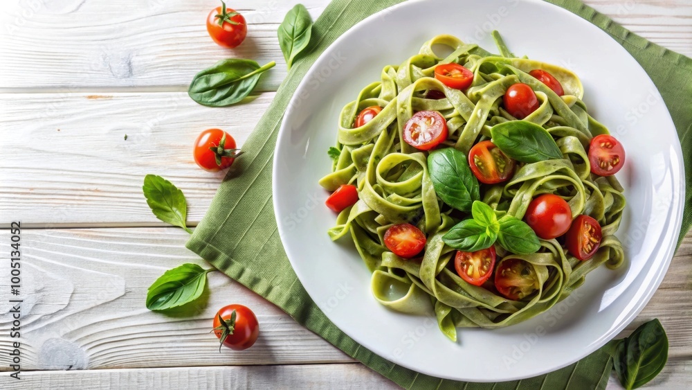 Green spinach pasta topped with fresh tomatoes and herbs on a white plate, spinach, pasta, tomatoes, herbs, vegan Green spinach pasta topped with fresh tomatoes and herbs on a white plate, spinach, pasta, tomatoes, herbs, vegan