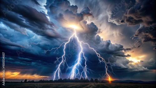 Dramatic lightning storm in dark clouds, atmospheric nature scene. Weather phenomenon and power concept, lightning