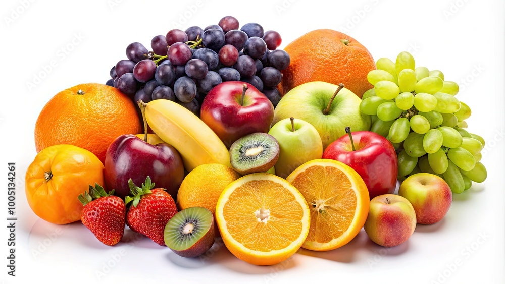 Vibrant, colorful, and intricately illustrated fruits, including apples, bananas, grapes, and oranges, arranged in a harmonious and playful composition with soft, white backgrounds. Vibrant, colorful, and intricately illustrated fruits, including apples, bananas, grapes, and oranges, arranged in a harmonious and playful composition with soft, white backgrounds.