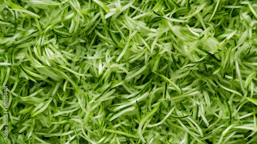 a close-up, top-down view of shredded zucchini spread across the entire frame, filling the image with its bright green color and fine texture in delicate shreds