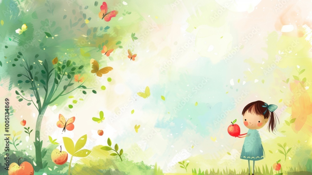 Watercolor painting of apple tree with fruit, lawn and a cute little girl Watercolor painting of apple tree with fruit, lawn and a cute little girl