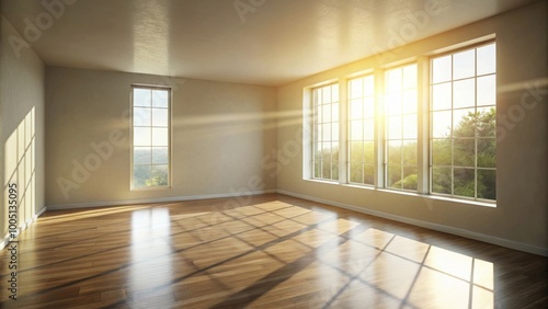 Empty room with soft sunlight streaming through a large window, sunlight, room, empty, window, minimal, bright, natural light