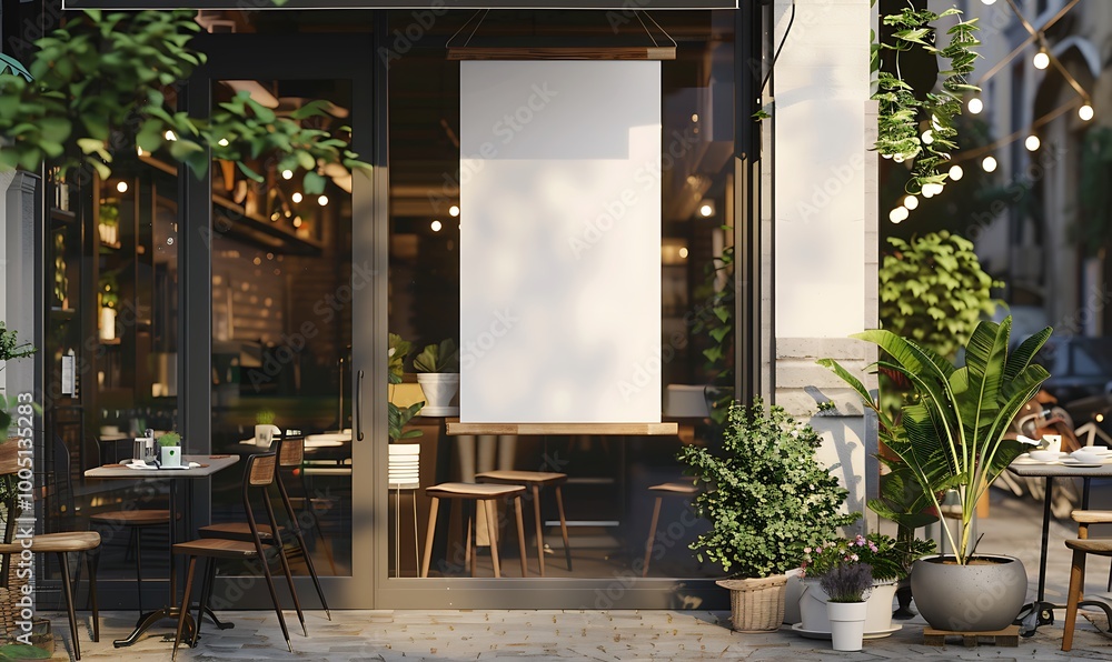 Fototapeta premium Outdoor cafe interior with blank poster. Mock up
