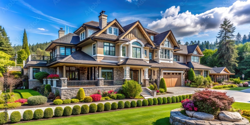 Luxury house fragment with beautiful summer landscape in Vancouver, Canada, luxury, house, fragment, summer, landscape Luxury house fragment with beautiful summer landscape in Vancouver, Canada, luxury, house, fragment, summer, landscape