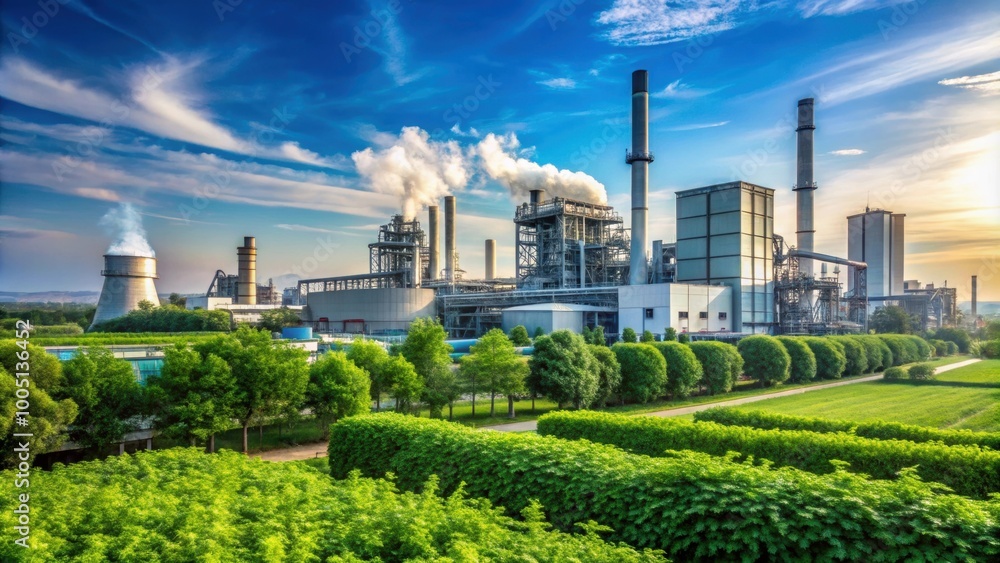 Fototapeta premium Industrial landscape with blue sky, showing a factory with green plants around it , industry, landscape