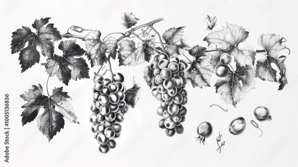 Naklejka premium Line art drawing of grape leaf vine