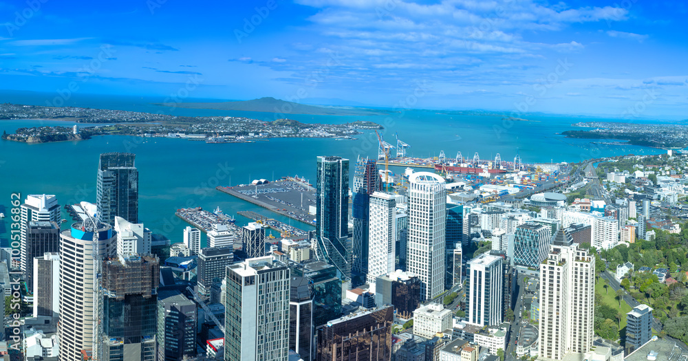 Obraz premium Panoramic skyline of Wellington downtown harbor and financial center, New Zealand.