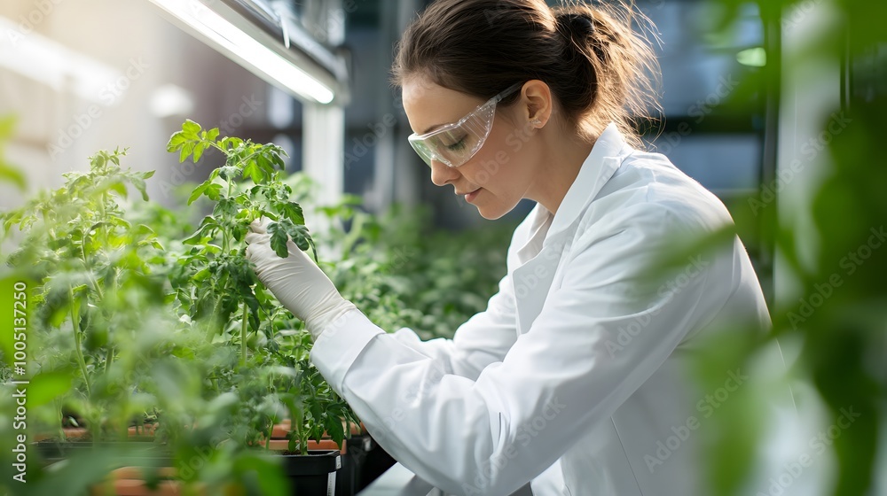 Female Scientist Examining Green Plant Samples in a Lab Setting Female Scientist Examining Green Plant Samples in a Lab Setting