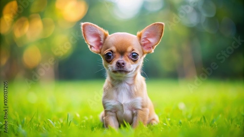 Adorable brown chihuahua puppy sitting on a lush green lawn, Chihuahua, puppy, pet, cute, brown, small, domestic, animal, grass