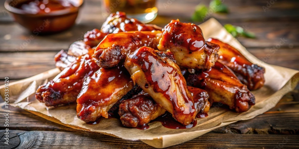 Sticky glazed BBQ chicken wings on baking paper, rustic style, rich and glossy, glazed, BBQ, chicken wings, sticky Sticky glazed BBQ chicken wings on baking paper, rustic style, rich and glossy, glazed, BBQ, chicken wings, sticky
