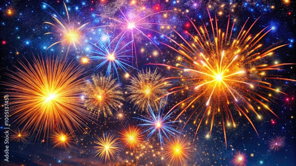 Vibrant colorful explosions of light illuminate the night sky, bursting with festive energy, streaks of glittering sparks and shimmering trails against a dark starry background. Vibrant colorful explosions of light illuminate the night sky, bursting with festive energy, streaks of glittering sparks and shimmering trails against a dark starry background.