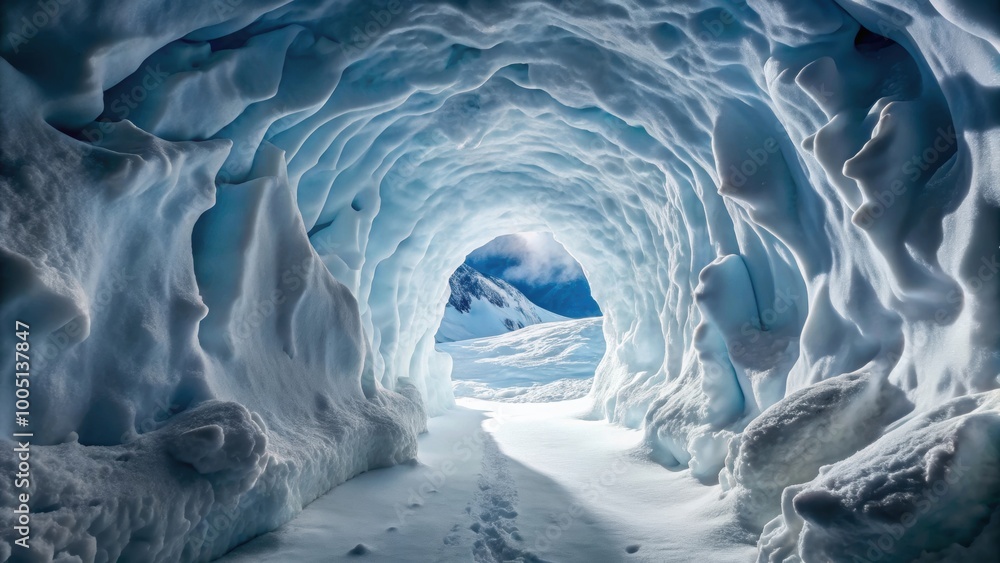 Obraz premium Snow cave entrance with icy walls and tunnel leading inside, igloo, snow, cave, entrance, icy, walls, tunnel, eskimo, house