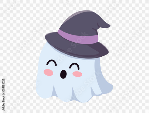 Cute ghost wearing witch hat  isolated on png or transparent background,Halloween party banner. vector