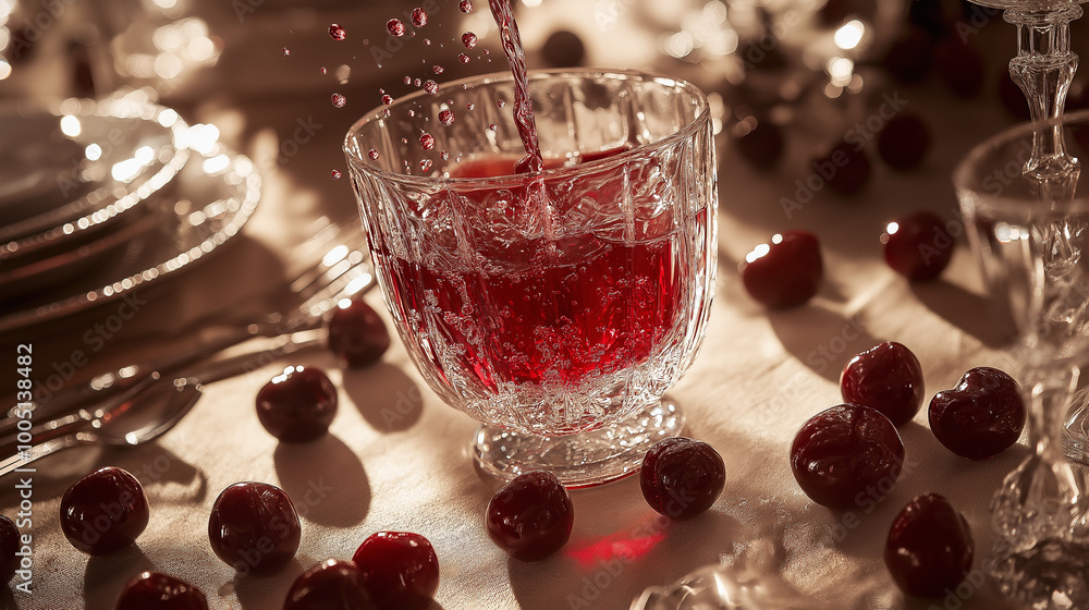 a luxurious display of freshly poured tart cherry juice in a crystal glass, showcasing its deep red hue with an exquisite splash effect a luxurious display of freshly poured tart cherry juice in a crystal glass, showcasing its deep red hue with an exquisite splash effect