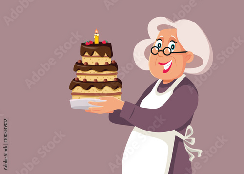 Happy Granny with a Birthday Celebration Cake Vector Cartoon. Cheerful elderly home cook baking an anniversary dessert 
