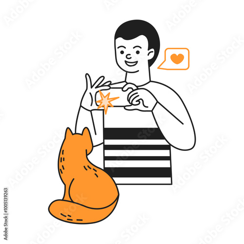 Smiling man takes photo of ginger cat using smartphone color line vector icon. Male pet owner expresses love character illustration on white