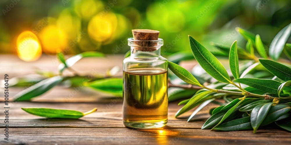 Close-up of a bottle of tea tree essential oil with selective focus, tea tree, essential oil, bottle, natural Close-up of a bottle of tea tree essential oil with selective focus, tea tree, essential oil, bottle, natural