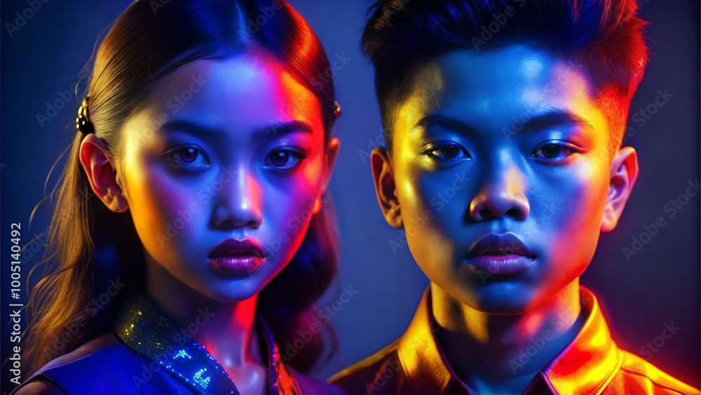 Dynamic Asian siblings with bold expressions and striking appearances in colorful lighting Dynamic Asian siblings with bold expressions and striking appearances in colorful lighting