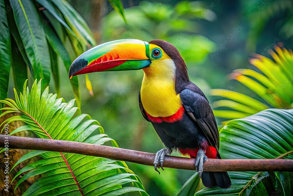 Naklejka premium Vibrant, colorful toucan perched on a branch, showcasing its brightly plumed head and oversized beak, amidst lush, green rainforest foliage in warm natural light.