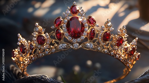 A close-up shot of a golden crown encrusted with sparkling diamonds and rubies. photo