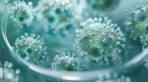 close-up of a cluster of viruses or germs floating in a petri dish photo